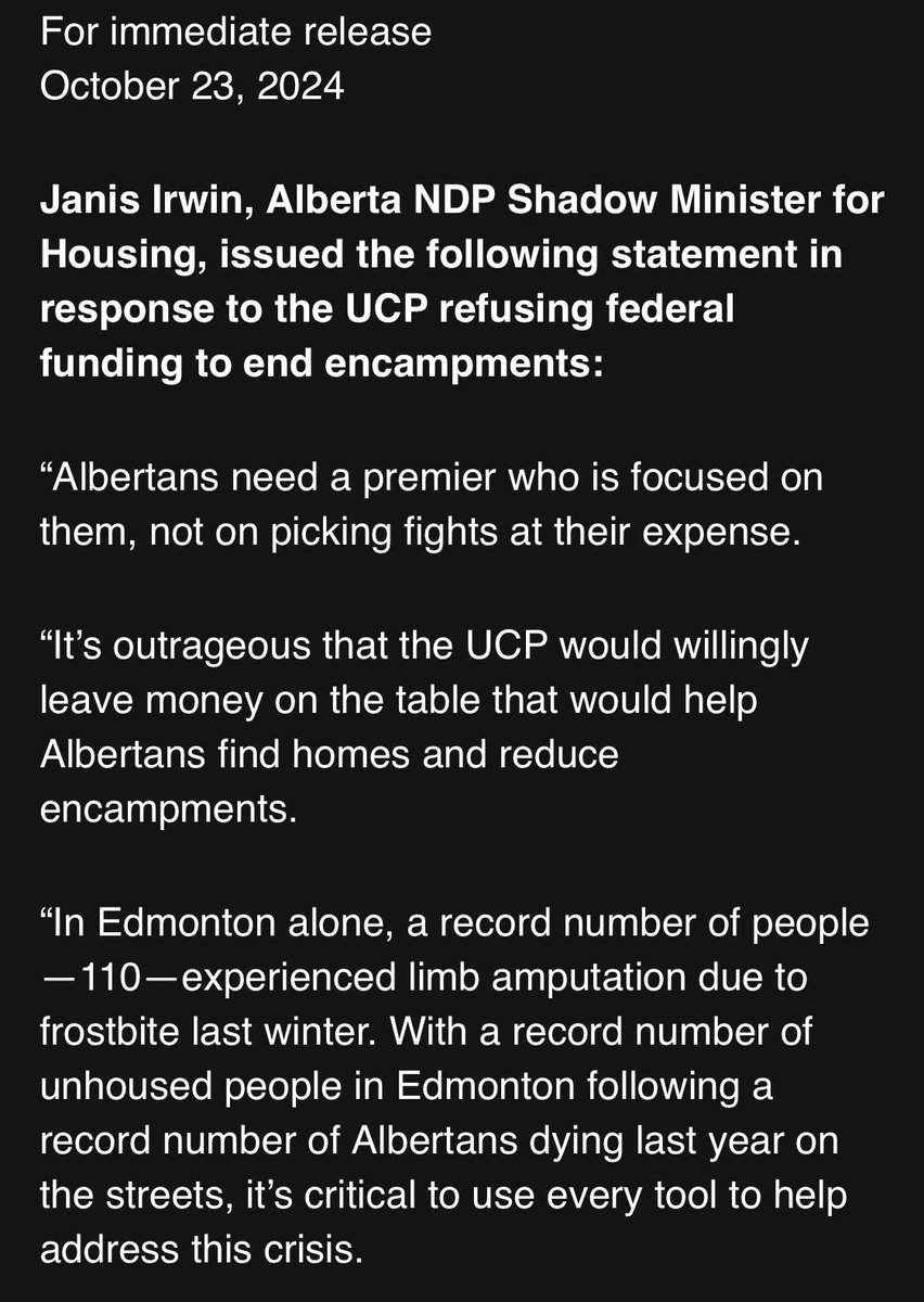 JanisIrwin's tweet photo. At a time of record deaths on our streets, record frostbite amputations, and a record number of unhoused folks in our province, why are the UCP leaving federal dollars meant to end encampments on the table?
Albertans deserve better.
My full statement below.
#ableg https://t.co/SZZxeszXWV