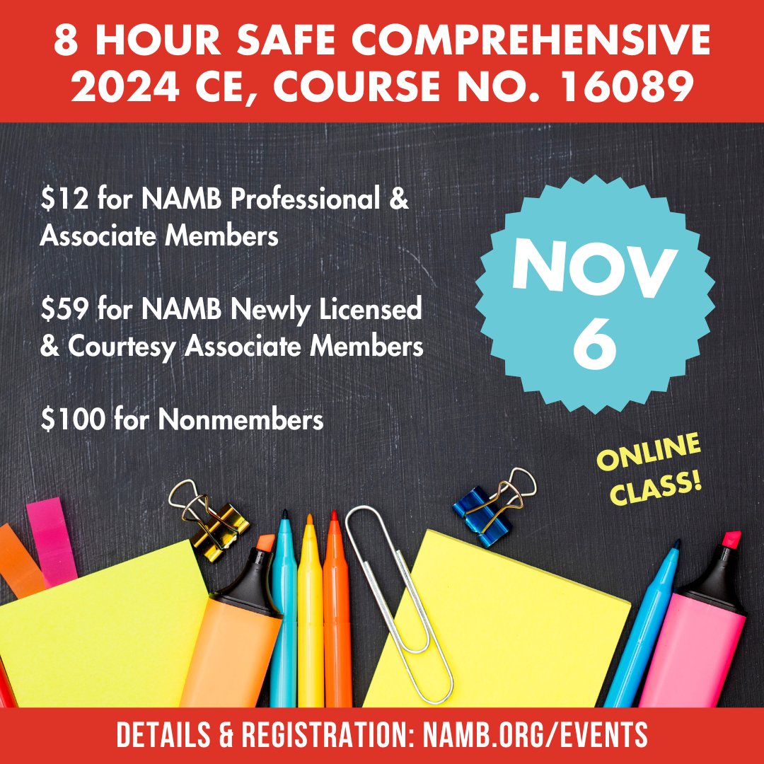 NAMBpros's tweet image. This 8-hour NAMB course provides an overview of ECOA, TILA &amp;amp; FCRA Examination Findings; Dodd-Frank &amp;amp; CFPB Enforcement Actions; Anti-Money Laundering; Mortgage Fraud; and much more. Wed, Nov 6, $12 for Professional &amp;amp; Associate NAMB Members! 

Enroll:  zurl.co/UEvz