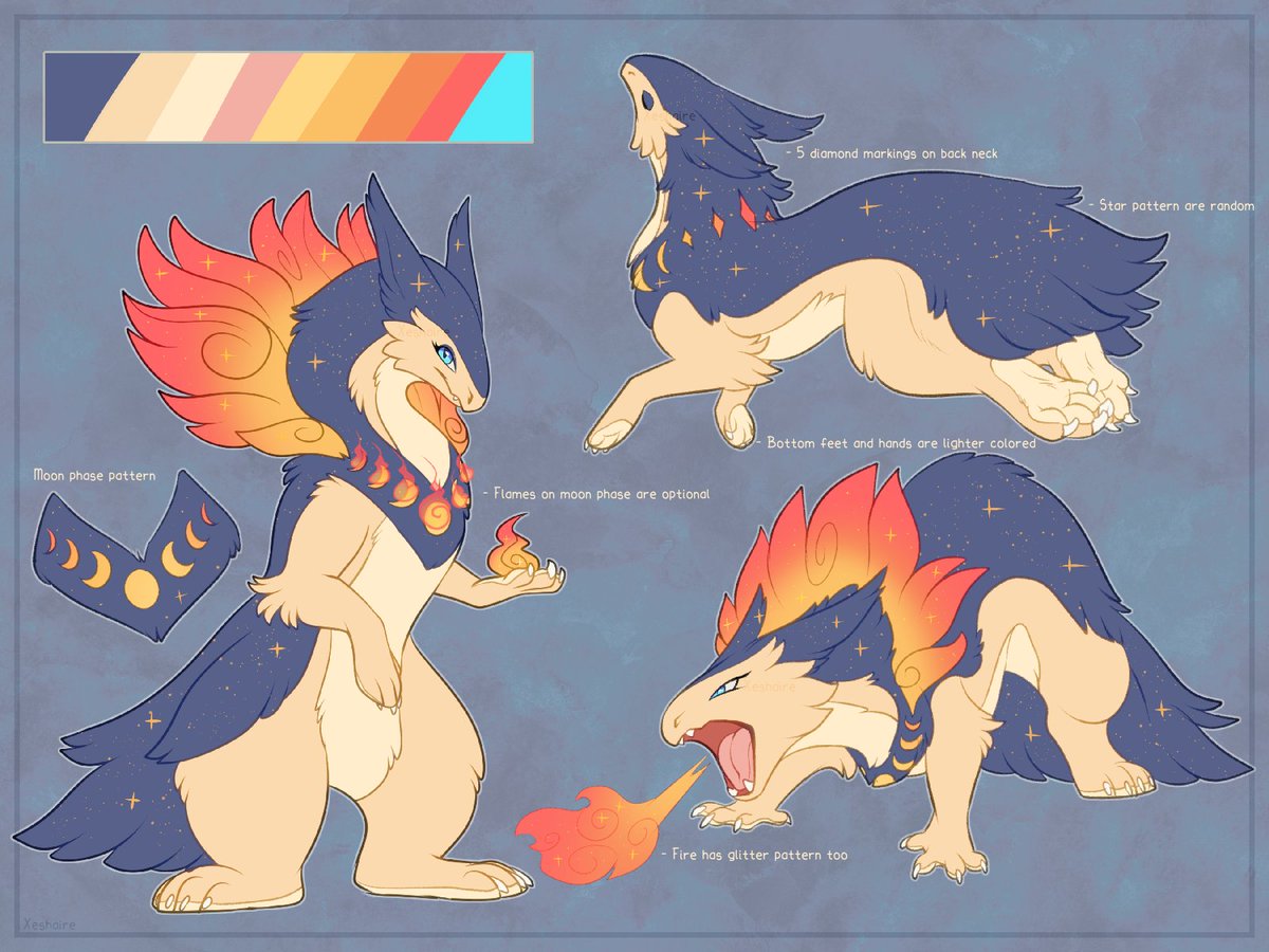 Made a new hisuian x normal typhlosion mix ^^ 
Went with the normal pattern but more blue shifted this time!
Her name is Nova, but may change it to something else if I find something more suitable.