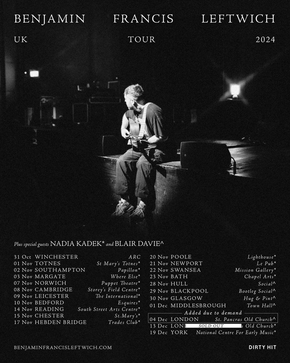 Benjamin Leftwich (@benleftwich) on Twitter photo So excited to start tour again next week guys. The amazing <a href="/nadiakadekmusic/">Nadia Kadek</a> and <a href="/blairdaviemusic/">Blair Davie</a> will be supporting us across the tour. See you soon 🖤God bless you x
benjaminfrancisleftwich.com/tour So excited to start tour again next week guys. The amazing <a href="/nadiakadekmusic/">Nadia Kadek</a> and <a href="/blairdaviemusic/">Blair Davie</a> will be supporting us across the tour. See you soon 🖤God bless you x
benjaminfrancisleftwich.com/tour