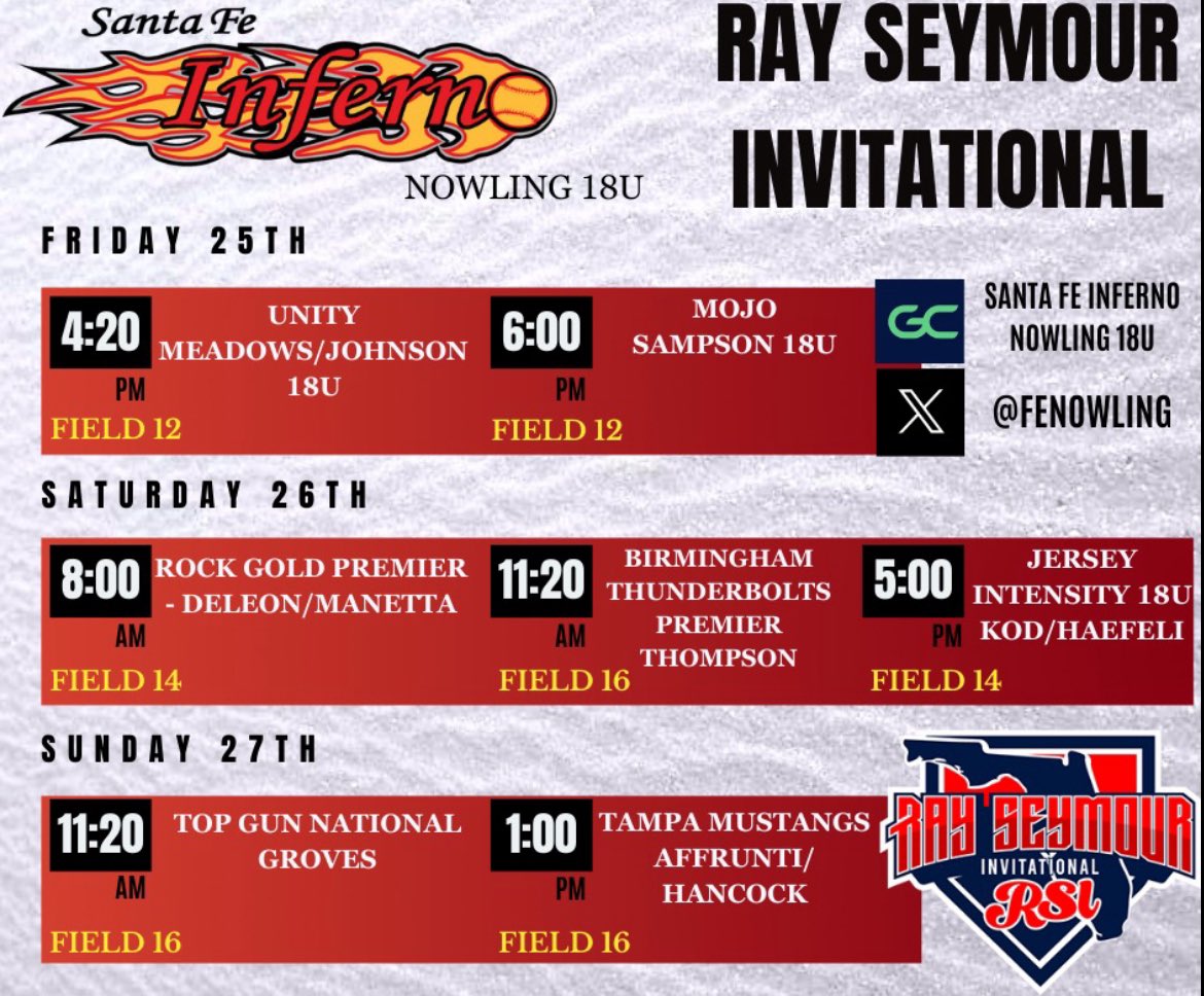 Schedule for this weekend! <a href="/ashlieghmclean/">Ashliegh McLean</a> <a href="/BaynesCoach/">Coach Baynes</a> <a href="/FeNowling/">Santa Fe Inferno-Nowling</a>