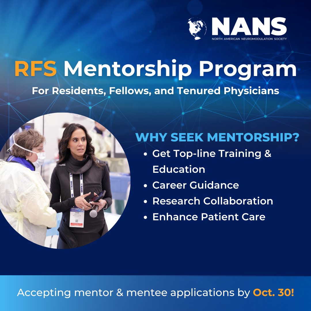 The NANS RFS Mentorship Program connects current or recently graduated residents and fellows in #painmanagement and #neurosurgery with seasoned leaders to foster career growth, research collaboration, and provide enriching education.💡

Apply at bit.ly/NANSRFS by 10/30!