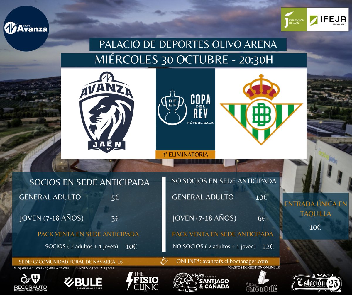 🦁 𝙇𝙖 𝘾𝙤𝙥𝙖 𝙙𝙚𝙡 𝙍𝙚𝙮 𝙨𝙚 𝙫𝙞𝙫𝙚 𝙚𝙣 𝙚𝙡 𝙊𝙡𝙞𝙫𝙤 𝘼𝙧𝙚𝙣𝙖

➡️ Entradas y pack tanto para socios como para no abonados ya a la venta en nuestra sede.

+ info en ⬇️⬇️⬇️

avanzafutsal.es/ya-a-la-venta-…

#CorazónyGarra 💙