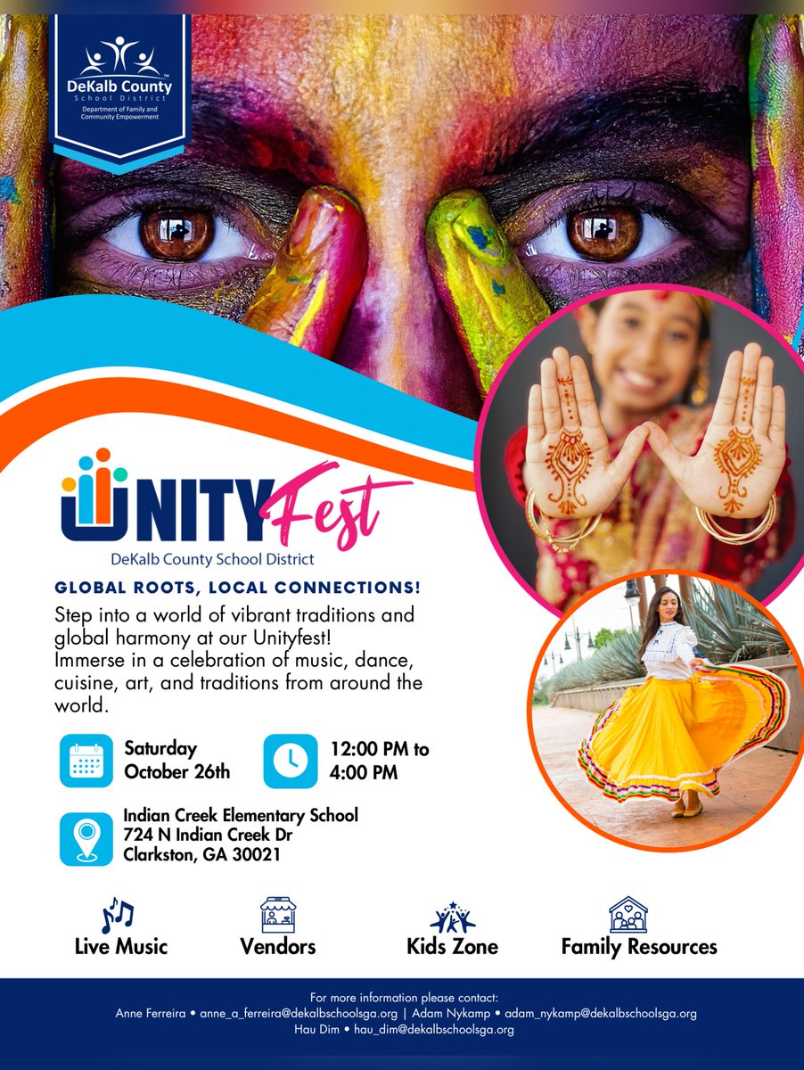 DeKalbSchools's tweet image. 🌍 Join us at UnityFest 2024, THIS SATURDAY, October 26, from 12-4 PM at Indian Creek Elementary! Enjoy live music, cultural performances, and global cuisine! 🎶💃🍛

Don’t miss this celebration of unity and diversity! 🎉
#UnityFest #DisruptingForExcellence #iLoveDCSD💙🧡