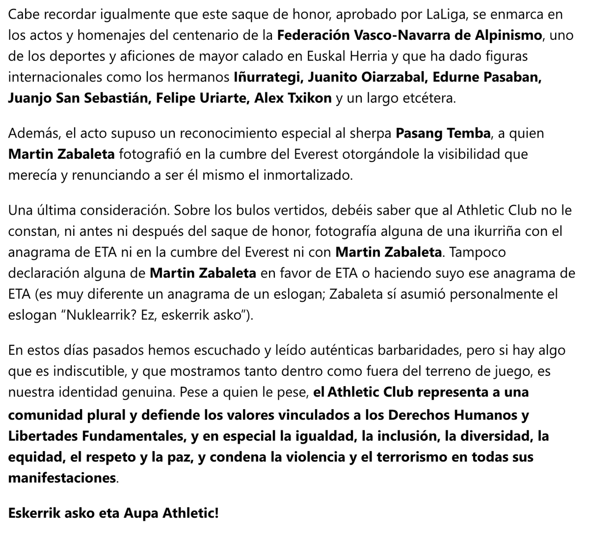 AthleticXtra's tweet photo. 🚨🚨 El Athletic ha enviado un comunicado oficial vía email desvinculándose de cualquier causa "política" en el saque de honor de Martin Zabaleta, aclarando lo sucedido.

[@AthleticClub] https://t.co/SOytCAbmqE