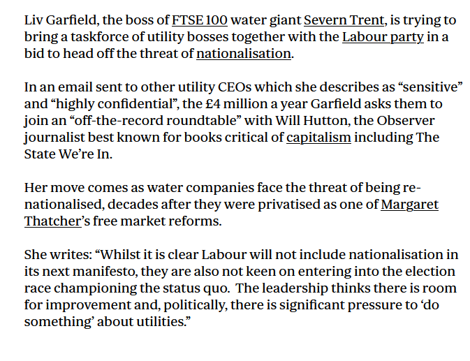 The Secretary of State has said that a not-for-profit model for water could be considered as part of the govt’s review of water.

Last year, a leaked email from a private water company boss showed they thought they could keep private ownership in place through the creation of