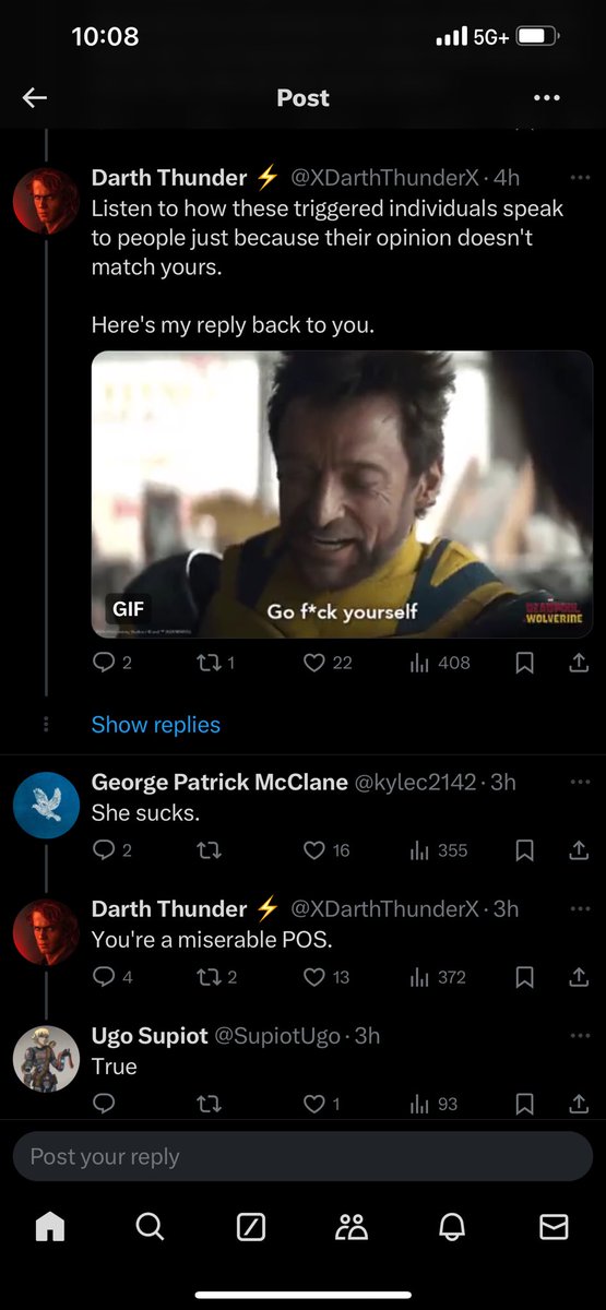 Zanitine's tweet photo. @XDarthThunderX “ look how these people get triggered by a different opinion “ 

* someone posts a varying opinion * 

“ you are a miserable piece of shit “ 

Classic moron antics 😂 

Also she was terrible in the show &amp; the show itself was garbage. https://t.co/OopD5cRqCm