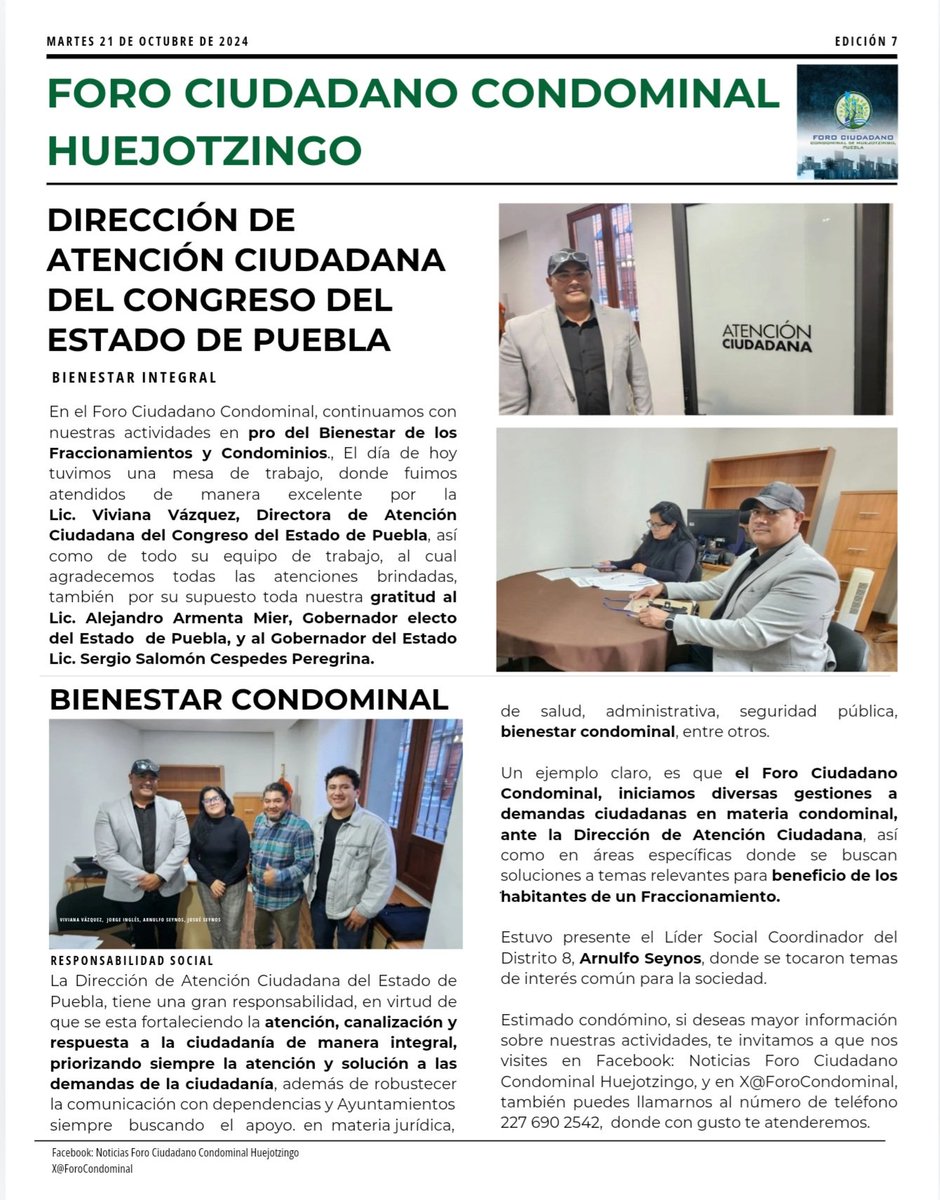 ForoCondominal's tweet image. 🌳🏘️🏘️🏬🌳 El Foro Ciudadano Condominal de Huejotzingo, iniciamos mesas de trabajo, donde fuimos atendidos de manera excelente por la Lic. Viviana Vázquez, Directora de Atención Ciudadana del Congreso del Estado de Puebla.

# TODOS Y TODAS SOMOS COMUNIDAD