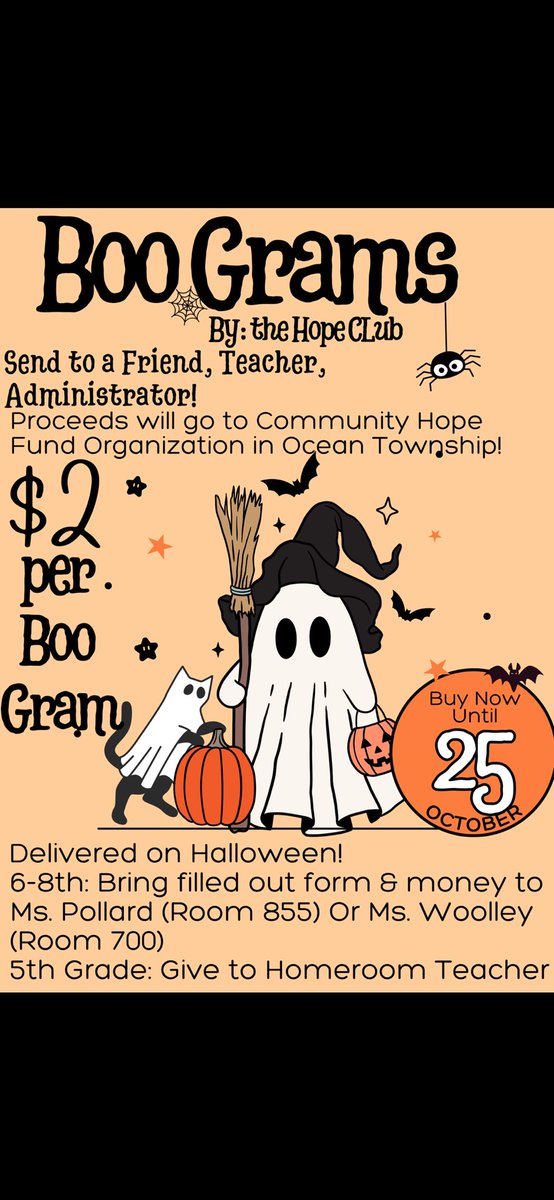 Only two more days left to send yourself, a friend, or staff member a Boo Gram! Boo grams can only be purchased now until the 25th so make sure you buy one before Friday so you do not miss out on the fun! Look at the flyer for more details! 🎃