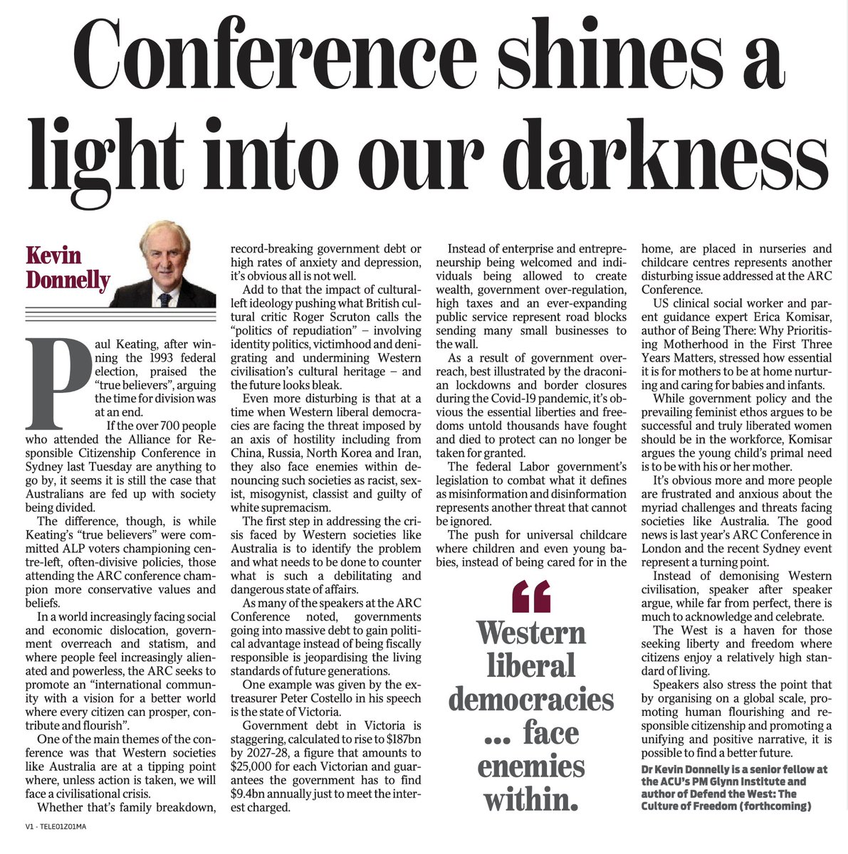 ESIaustralia's tweet photo. Great Sydney conference for the conservative true believers organised by the Alliance for Responsible Citizenship. It's time to acknowledge and defend the best about Western culture against statism, government largesse and Woke nihilistic group think. In today's Daily Telegraph. https://t.co/h2zSH7tkWV