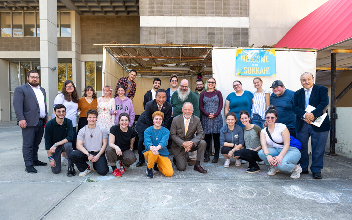 QC_News's tweet photo. .@ChancellorCUNY Félix V. Matos Rodríguez and QC President @frankhwu received a warm welcome yesterday from students celebrating the week-long holiday of Sukkot—highlighting resilience and community—with @QueensHillel and Chabad on Campus. @CUNY https://t.co/tZ8fO6pay5