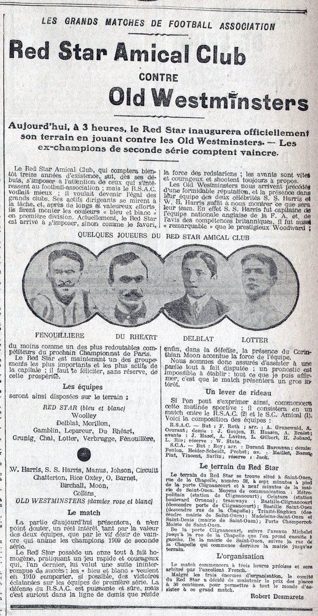 RedStarFC's tweet photo. Le 24 octobre 1909, le Red Star battait les Anglais d'Old Westminsters pour son premier match à Saint-Ouen. Une première rencontre, sur un terrain entouré de champs cultivés, qui marque le début de 115 ans d'histoire pour le @RedStarFC dans la ville audonienne. #RedStarLegacy ✪ https://t.co/lRDToFwwBc