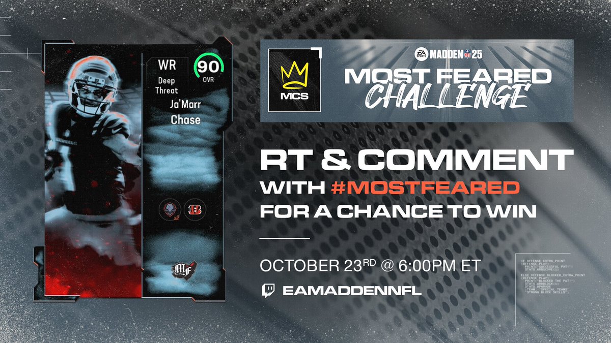 NickMizesko's tweet image. It’s spooky season…but it’s also BELT SEASON.

RT, follow , and comment who you think is gonna win the #MostFeared challenge for your chance to win this Ja’Marr Chase!

Tune in NOW at twitch.tv/eamaddennfl to watch all the action!
