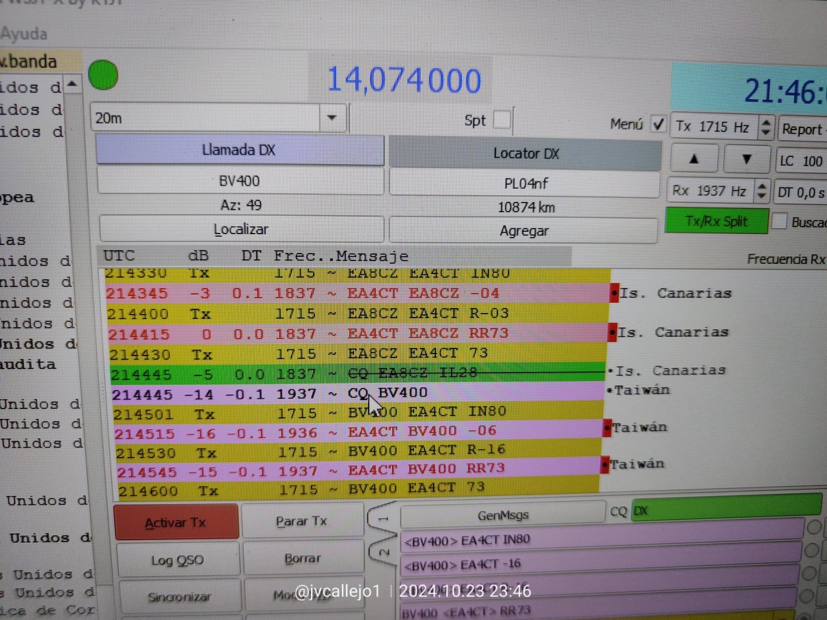 ea4ct's tweet photo. Noches de buenas condiciones con Asia en 20 metros FT8. Está noche hicimos TAIWAN. https://t.co/RdR7f7khqH