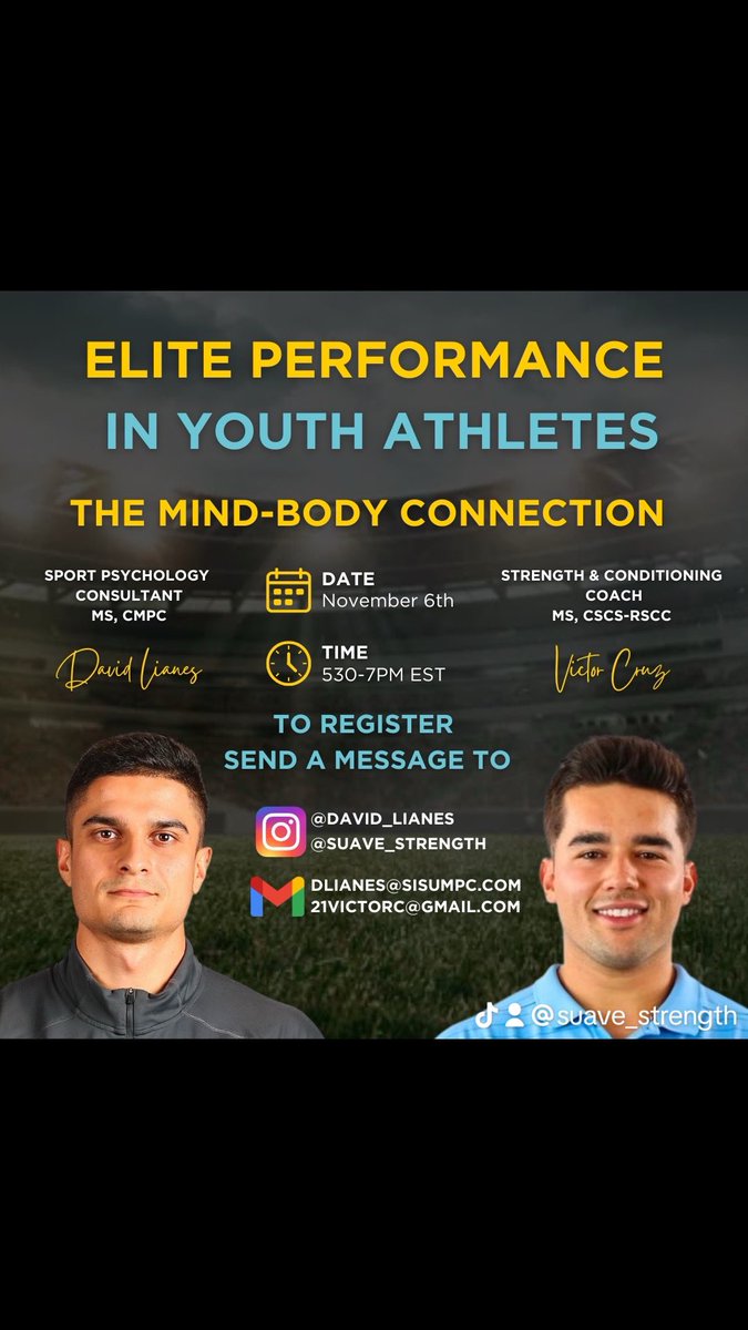 Join <a href="/David_Lianes_/">David Lianes</a> and I for our FREE webinar. We hope to provide value to parents and youth athletes with our insights from professional sports.

Message us for more info.

See you on the inside… 🧠 + 🏋🏽