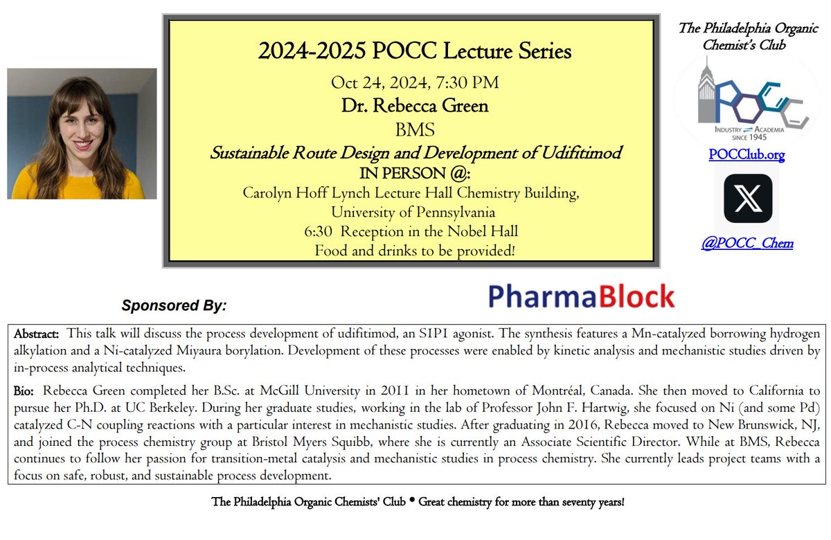 POCC_Chem's tweet image. TOMORROW! Please join us for our first industrial speaker of the year, Dr. Rebecca Green! She will be joining us from @bmsnews to talk about sustainable route design and development of Udifitimod!