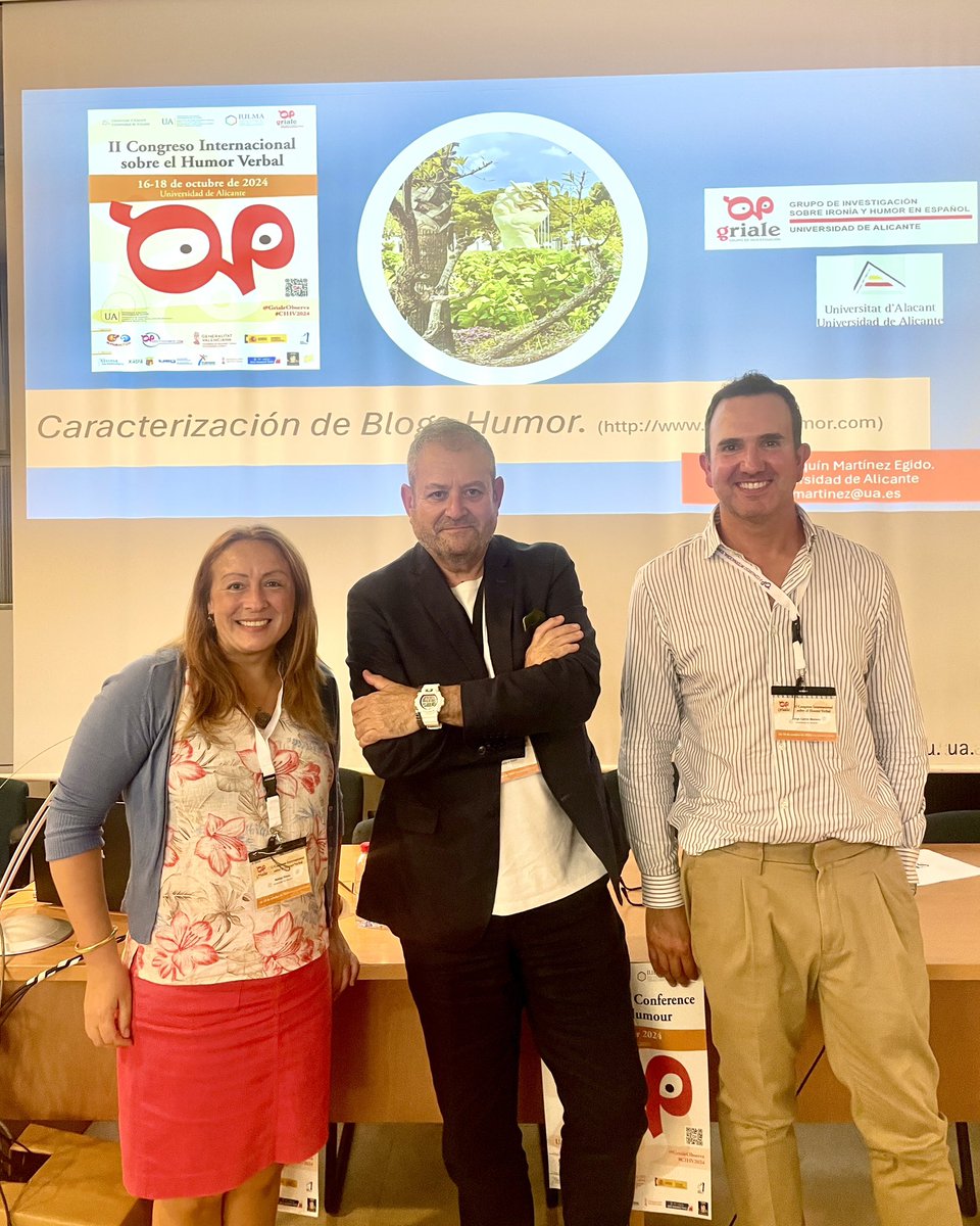 Mi contribución al II  Congreso internacional del Humor Verbal: “Caraterización de Blogs.Humor”, junto a la doctoranda Nélida Ribao y al doctorando Jorge Cantó. Un panel muy especial para nosotros.
<a href="/GrialeObserva/">GRIALE HUMOR</a> <a href="/culturaenlaUA/">Cultura en la UA</a> <a href="/iq_humor/">IQ de las Artes del Humor</a> <a href="/humor/">humor</a>