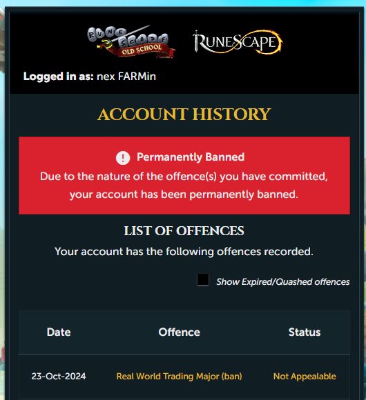 OklahomaRs's tweet photo. This a first for me but I literally just got kicked off my main after trading gear over to pure LOL idk who to even tag
@JagexGoblin @JagexAyiza @JagexTwisted @JagexLight 

False Automated RWT - Help please 

“Nex Farmin” is RSN idk what else to do https://t.co/IwcYuwuZeF