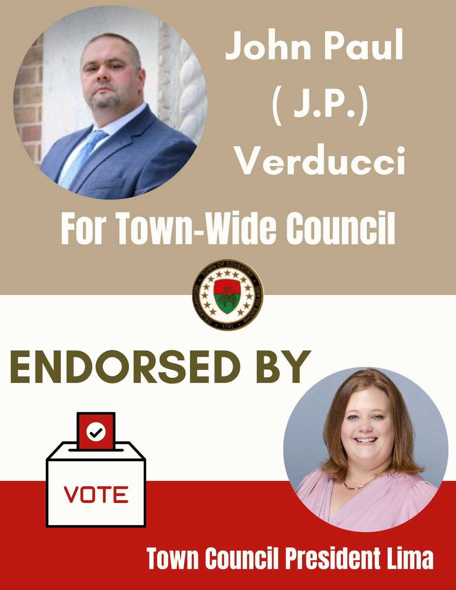 Please join me in casting one of your two town-wide town council candidate votes for JP Verducci this election! JP has the common sense and financial know-how to lead our community into its next chapter and I look forward to the potential of working with him at town hall.