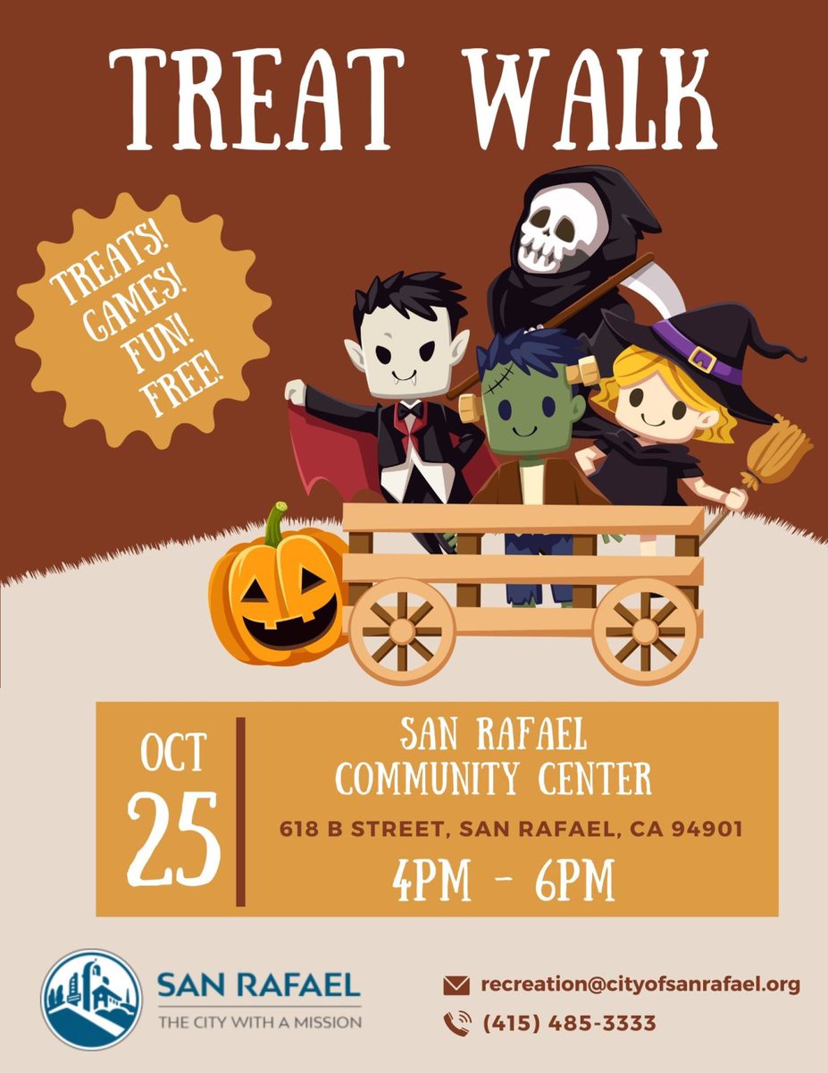 City of San Rafael (@cityofsanrafael) on Twitter photo 👻🎃 Join us on October 25 from 4 PM - 6 PM for an afternoon of FREE treats, games, and fun! Don’t forget to wear your costume!
📞 Questions? Call 415-485-3333
📧 Email: recreation@cityofsanrafael.org
#SanRafael #TreatWalk #HalloweenFun #FamilyEvent #FreeEvent #CommunityFun 👻🎃 Join us on October 25 from 4 PM - 6 PM for an afternoon of FREE treats, games, and fun! Don’t forget to wear your costume!
📞 Questions? Call 415-485-3333
📧 Email: recreation@cityofsanrafael.org
#SanRafael #TreatWalk #HalloweenFun #FamilyEvent #FreeEvent #CommunityFun