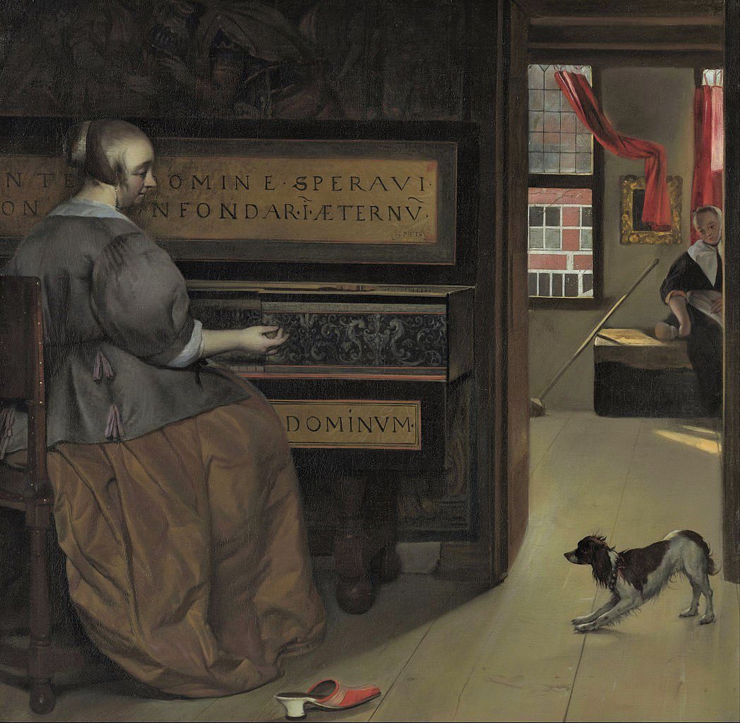 PP_Rubens's tweet photo. Distracted by her dog: lady at virginals, w/ great proto-Mondrian view out the window, by Gabriel Metsu. It’s his day today. https://t.co/ExfGzdX1aE