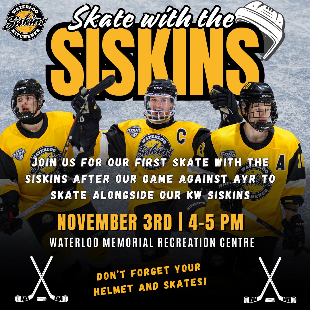 The @kwsiskins are hosting a "Skate with the Siskins" event and they are inviting the Wolves!

The game is Nov 3 at the Waterloo Memorial Recreation Complex at 1:30pm and the skate is right after.

Bring your skates, your helmet and your jersey and meet your favourite players!