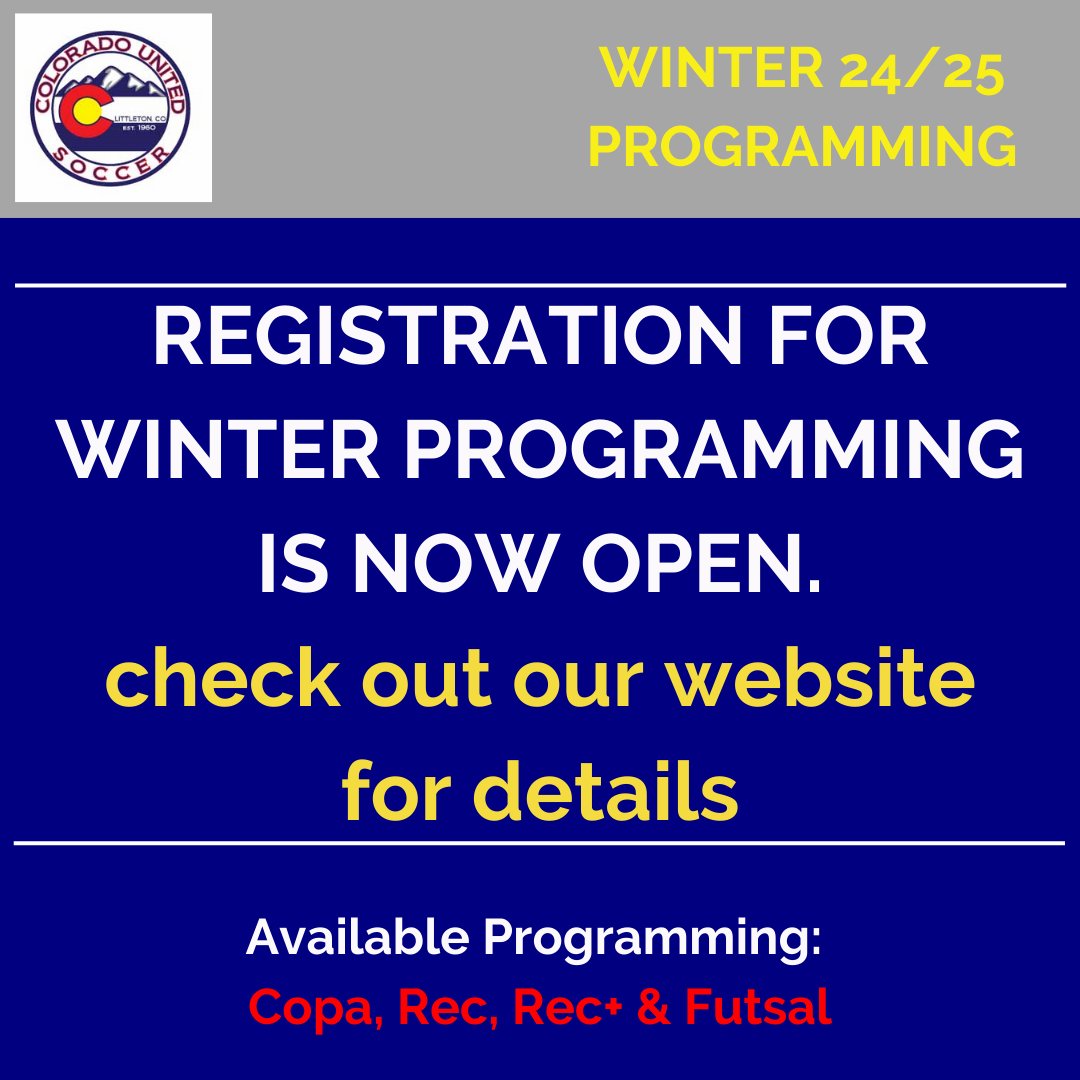 counitedsoccer's tweet photo. Winter Programming is NOW AVAILABLE
-
Check out all your options: https://t.co/tDXTjWKbUw
#coloradounitedsoccer #winterprogramming #littleton https://t.co/7o6UJWu2sr