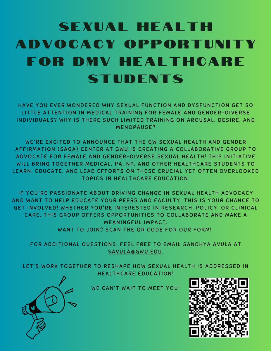 SandhyaAvula's tweet image. Super excited to announce that I am working with the GW SAGA Center to launch the SAGA Student Alliance. If you are interested, please fill out the form linked to the QR code. Our first meeting is Thursday 10/24 at 7pm EST! 
#advocacy #genderdiversehealth #sexualhealth #MedEd