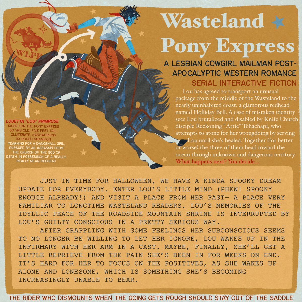 knifechurch's tweet photo. 🐎👩‍❤️‍💋‍👩✨Post-apocalyptic Lesbian Cowgirl Mailman 🐎🤠💌choose-your-own adventure update 5.7!! Read it for free on Patreon: https://t.co/YPudESrE4I https://t.co/sfCx4TnJRq