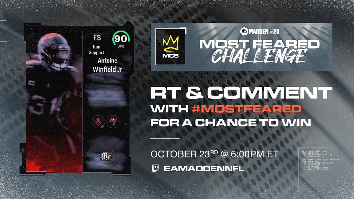 CleffTheGod's tweet image. GIVEAWAY TIME

Retweet and Reply with #MostFeared for a Chance to win 90 OVR Antoine Winfield!

Im live with drops and giveaways for Drini vs Football 88 twitch.tv/cleffthegod