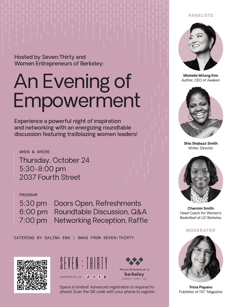weBerkeley's tweet image. Last Chance to Register!
WEB Presents: Evening of Empowerment
Thurs, Oct 24th  |  5:30-8pm
Hosted by Seven:Thirty Skincare
2037 Fourth St.

Join us for an inspiring roundtable discussion between women leaders. Advanced Registration required.

REGISTER NOW: berkeleychamber.com/web.html