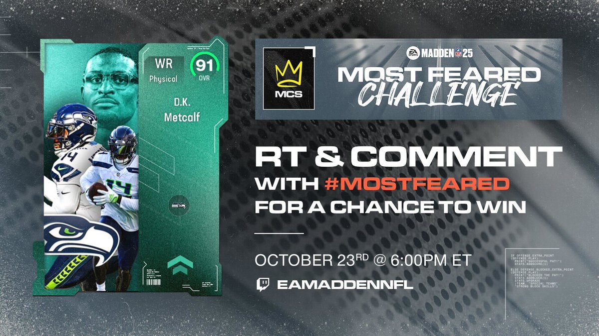 Complexity's tweet image. 🏈 We've got another giveaway ahead of @drini's matchup!

RT &amp;amp; reply #MostFeared for a chance to win this MUT card! And don't forget to catch tonight's games:

⏰ Starting 5:00 pm CT
📺 twitch.tv/eamaddennfl
