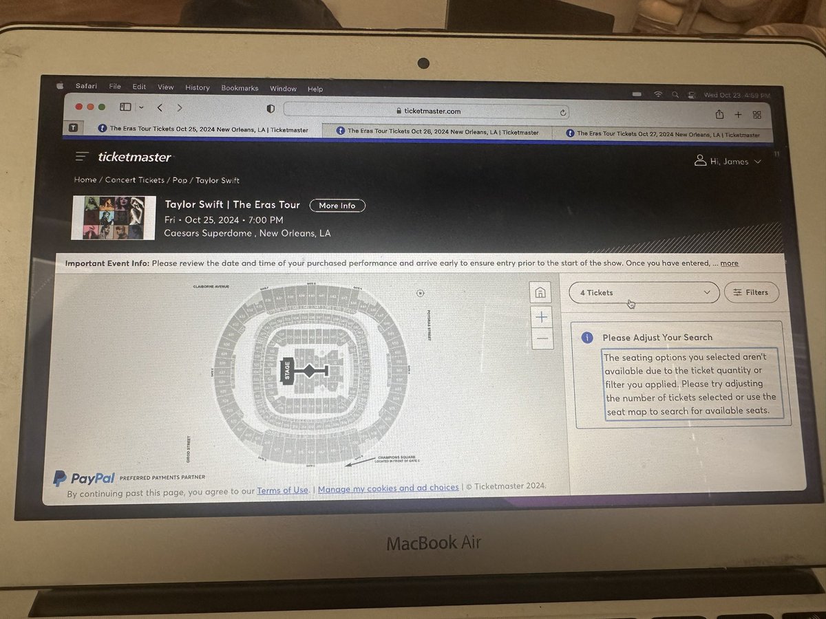 JRBake08's tweet photo. @swiftieswanttix @inmygreatwarera is anyone getting in?? I just moved past the “sorry no tickets are available banner” to now this screen that says please adjust your search. https://t.co/3axVFeT6tF