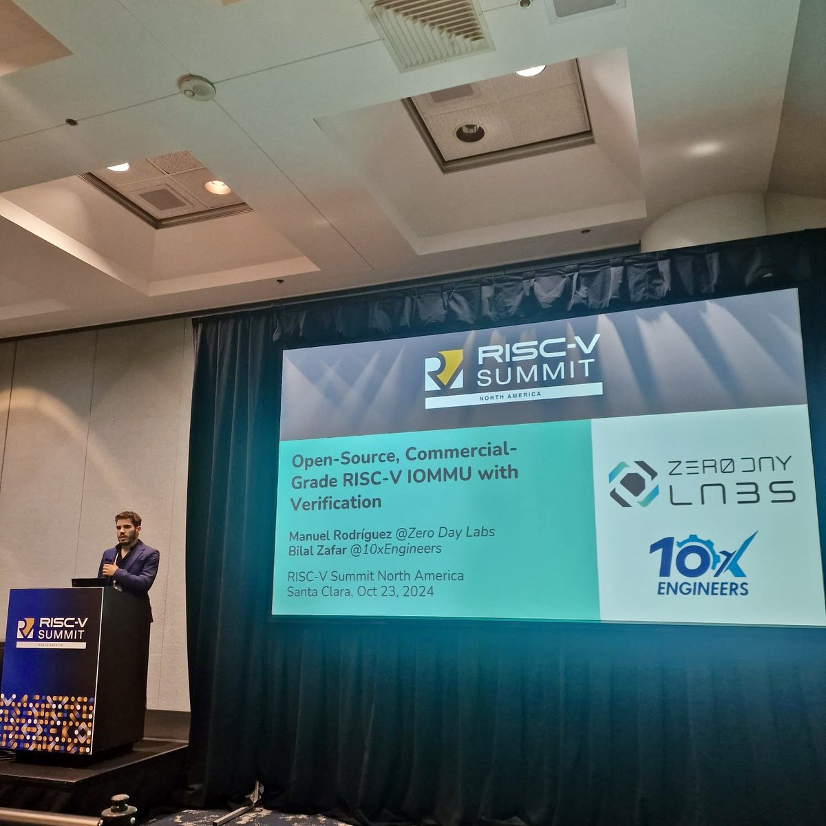 🎤 Just finished!
 Our own Manuel Rodriguez Saad Waheed from 10xEngineers delivered an in-depth session on "Open-Source Commercial-Grade RISC-V IOMMU with Verification" at the #RISCVSummit. 🛠️✨. 

We’re here at the summit—feel free to connect with us and ask any questions.