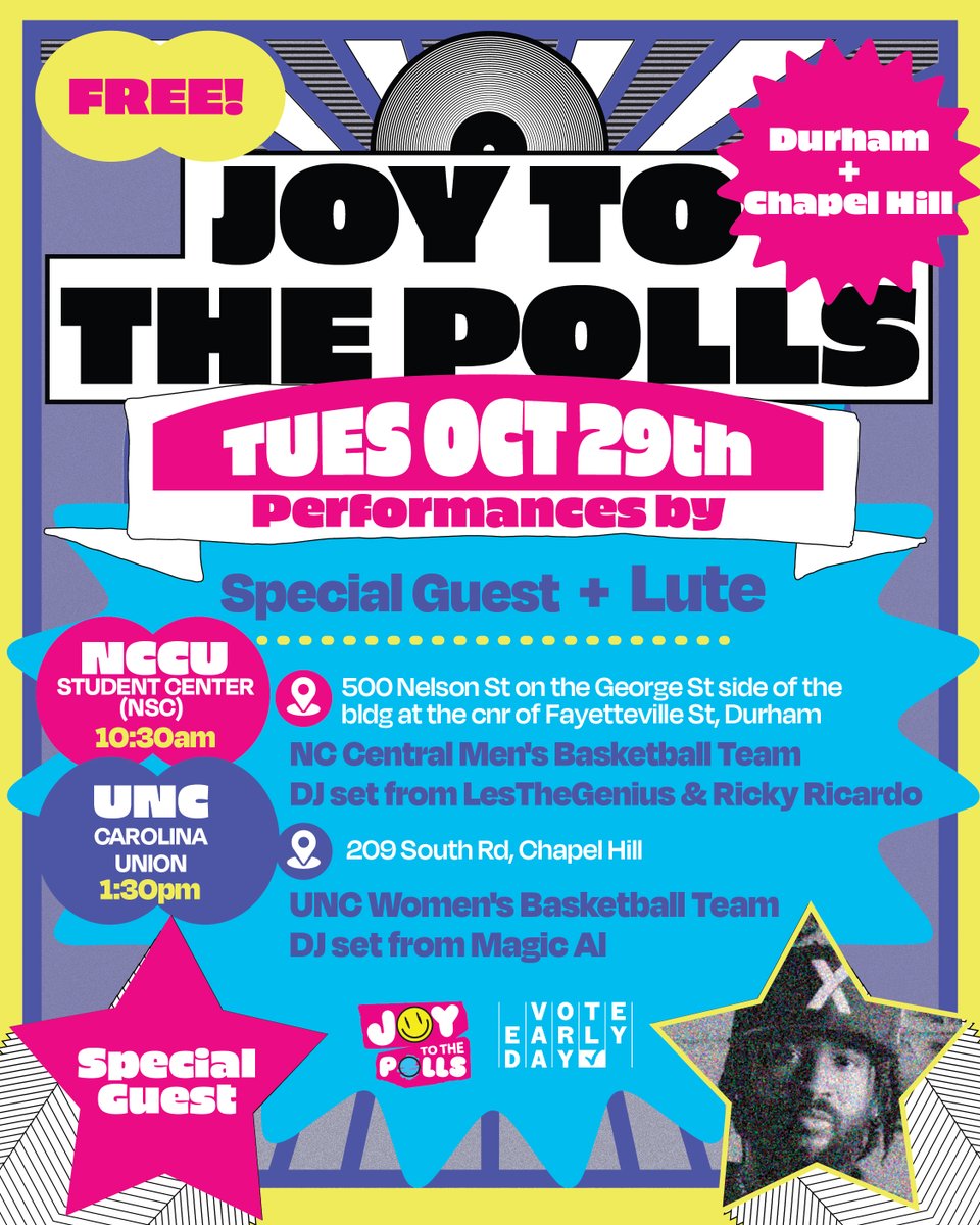 #JoyToThePolls (@joytothepolls) on Twitter photo 📣NC! Celebrate Nat'l #VoteEarlyDay with us on 10/29 at FREE campus pop-up parties at @NCCentral + <a href="/UNC/">UNC-Chapel Hill</a> with performances by <a href="/lute_west9/">Gold Mouf</a>, a special guest TBA 👀, DJ's, and appearances from some of your fave @nccu_mbb + <a href="/uncwbb/">Carolina Women's Basketball</a> college 🏀 ⭐️'s. RSVP: joytothepolls.com/events/p/durha… 📣NC! Celebrate Nat'l #VoteEarlyDay with us on 10/29 at FREE campus pop-up parties at @NCCentral + <a href="/UNC/">UNC-Chapel Hill</a> with performances by <a href="/lute_west9/">Gold Mouf</a>, a special guest TBA 👀, DJ's, and appearances from some of your fave @nccu_mbb + <a href="/uncwbb/">Carolina Women's Basketball</a> college 🏀 ⭐️'s. RSVP: joytothepolls.com/events/p/durha…