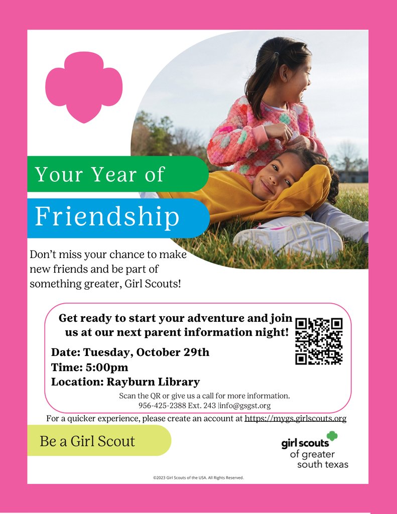 Rockets120's tweet image. Ready for a year of friendship &amp;amp; adventure? Join us at our Girl Scouts Parent Info Night on Tues, Oct 29, 5 PM at the Rayburn Library! Learn how your girl can be a part of something great. 💚 #GirlScouts #RayburnElementary #BeAGirlScout
🔗 mygs.girlscouts.org