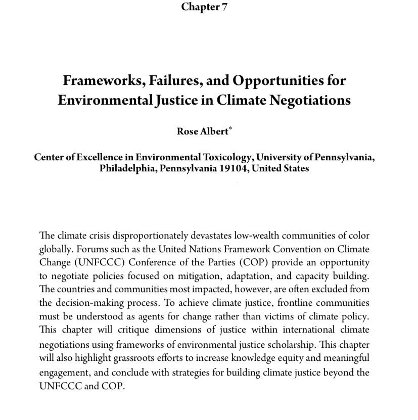 Rose Albert (@rosemalb) on Twitter photo My first book chapter is published! 🌿 I provide an overview of environmental justice history, dimensions of justice, and responsibilities of the scientific community. pubs.acs.org/doi/pdf/10.102… I also analyze events from <a href="/UNFCCC/">UN Climate Change</a> #COP26 that I attended with <a href="/AmerChemSociety/">American Chemical Society</a> My first book chapter is published! 🌿 I provide an overview of environmental justice history, dimensions of justice, and responsibilities of the scientific community. pubs.acs.org/doi/pdf/10.102… I also analyze events from <a href="/UNFCCC/">UN Climate Change</a> #COP26 that I attended with <a href="/AmerChemSociety/">American Chemical Society</a>