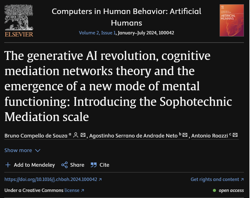 bcs221b's tweet photo. There is talk of a "System 0" emerging from interactions with AIs. However, its description corresponds to Cognitive Mediation, a much earlier and more basic cognitive process. Sophotechnia, on the other hand, fits the bill of a new form of thinking emerging from GenAIs. https://t.co/2ZZ65J9lQd