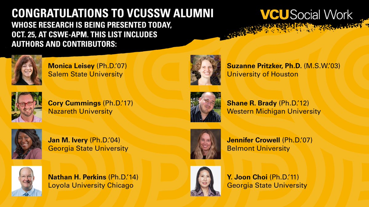 VCUSocialWork's tweet photo. Congratulations to all our #VCUSSW alumni who are presenting or whose research is being presented today (10/25) at @CSocialWorkEd 's #CSWE2024. Details https://t.co/hqn1vrBuiO.

@SalemState @Nazuniversity @aysps @LoyolaSSW @UH_SocialWork @WesternMichU @BelmontUniv https://t.co/A4O4Yk6hgi