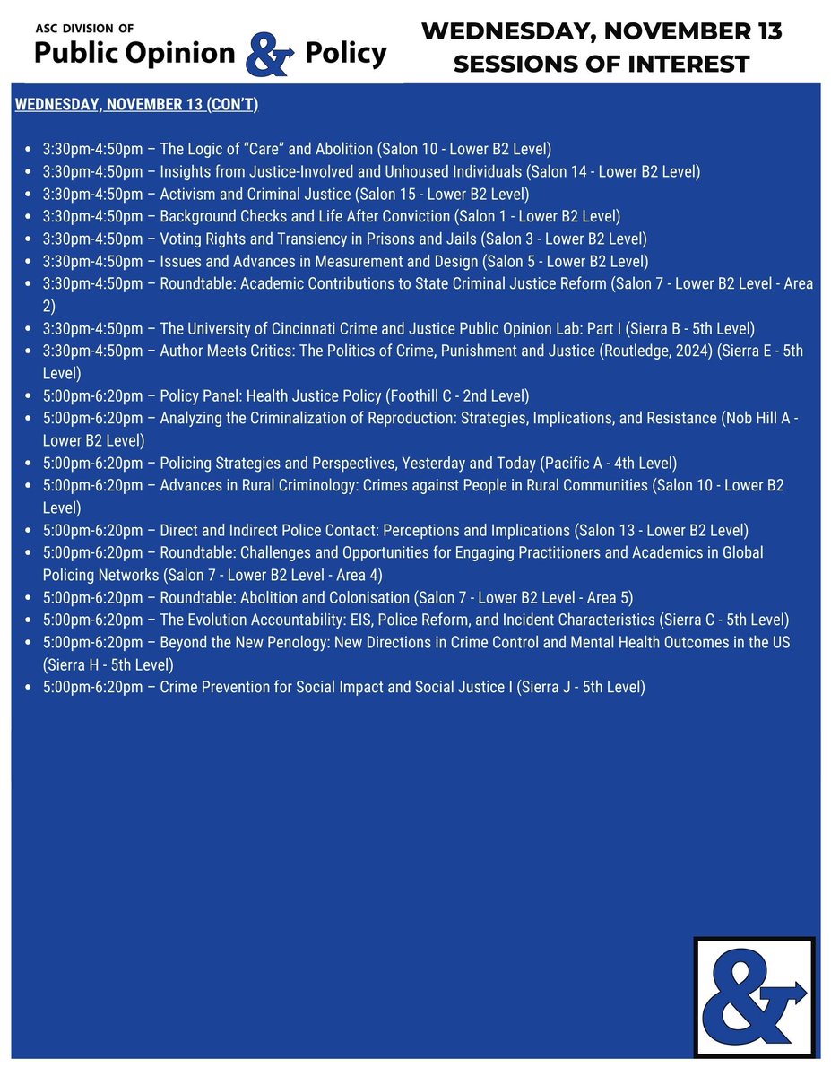 Check out all the public opinion and policy panels for Wednesday, November 13!