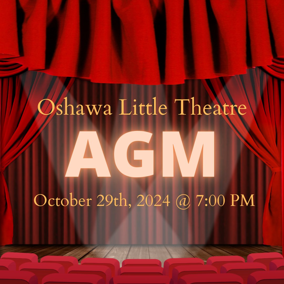 Our Annual General Meeting is just around the corner!    Elections for new board members, new bylaws and an update on our 75th Anniversary Season   See our Instagram or Facebook page for more details!

#OshawaLittleTheatre #AGM2024 #TheatreCommunity #JoinOurBoard #GetInvolved