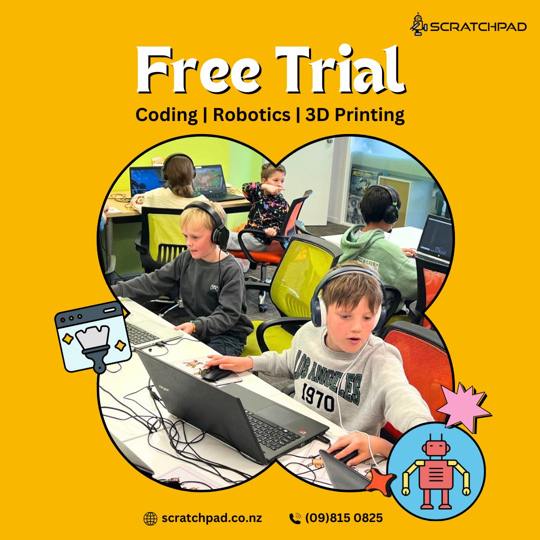 scratchpadnz's tweet photo. Open the doors to the world of technology for your child at SCRATCHPAD!

Get started with our 𝐅𝐑𝐄𝐄 TRIAL at our centres are located in St. Lukes, Botany, Albany, Stonefields, Royal Oak, Henderson, Silverdale &amp; Papanui.. Bring your kids along for a free workshop on coding and https://t.co/SXnG49TCbr