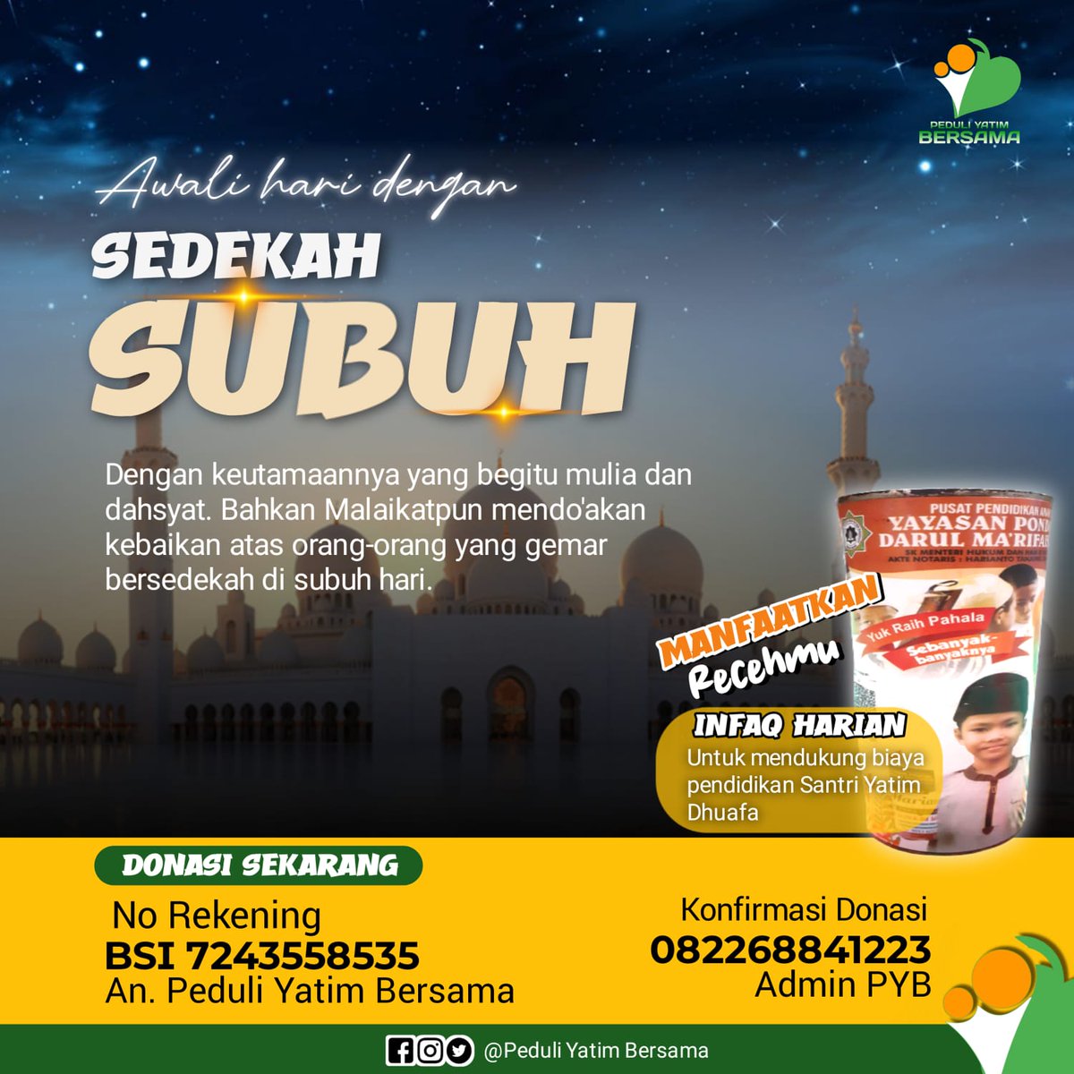Awali hari dengan sedekah subuh😊
<a href="/PeduliYatimBrsm/">Peduli Yatim Bersama</a>