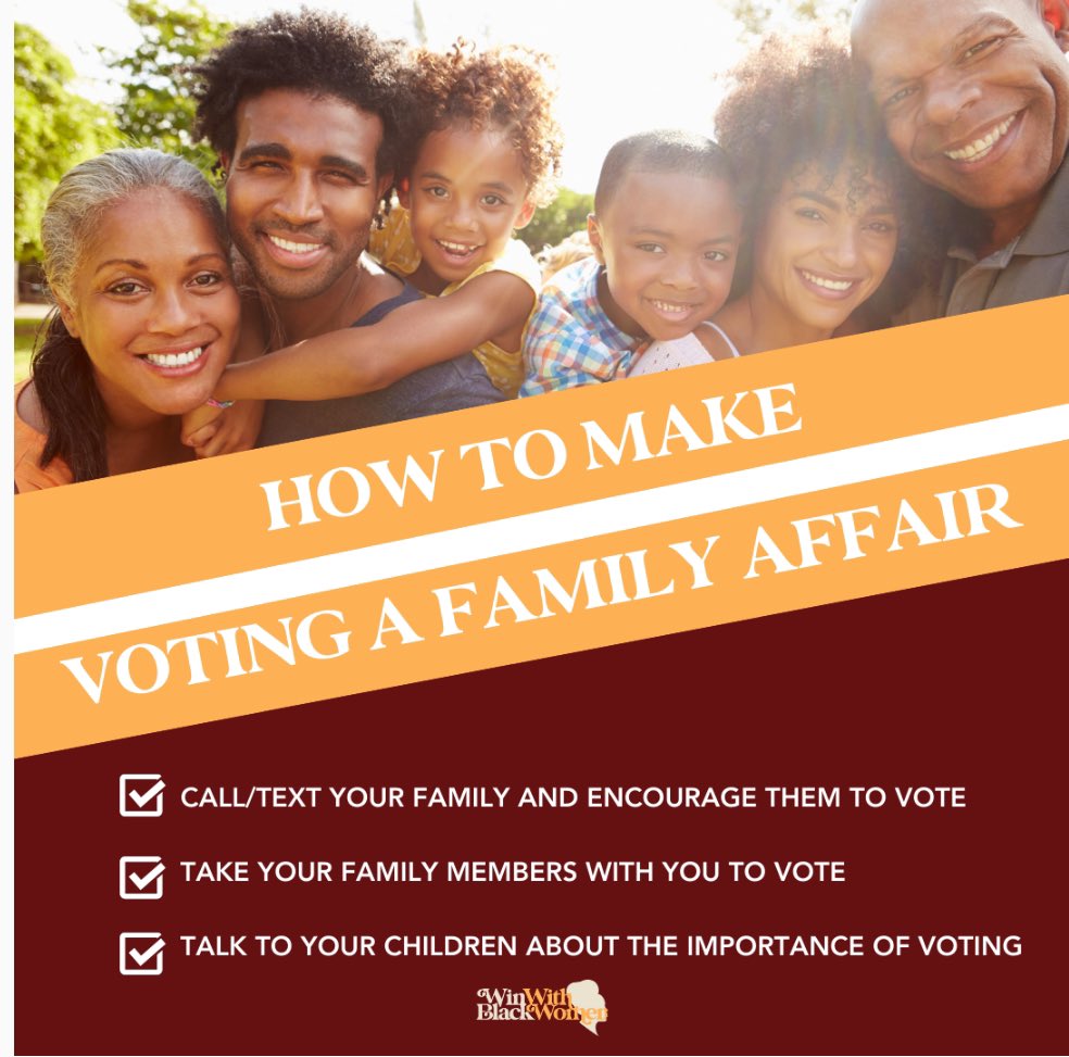 ChandaNicole's tweet photo. Political discussions around the dinner table isn’t the only place for activism in your family. It’s time to act. Take the next step and vote together! #WinWithBlackWomen https://t.co/Q0rETcm427