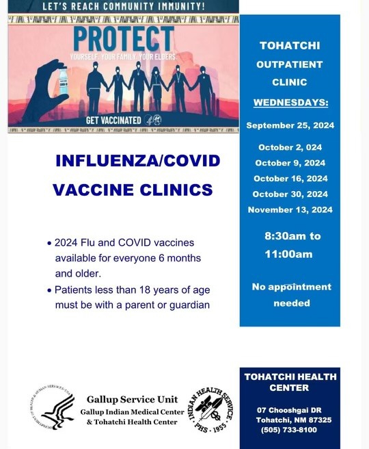COPE_Program's tweet image. Tohatchi Health Center is offering Flu and COVID vaccines for community members 6 months or older! Please see the schedule below: