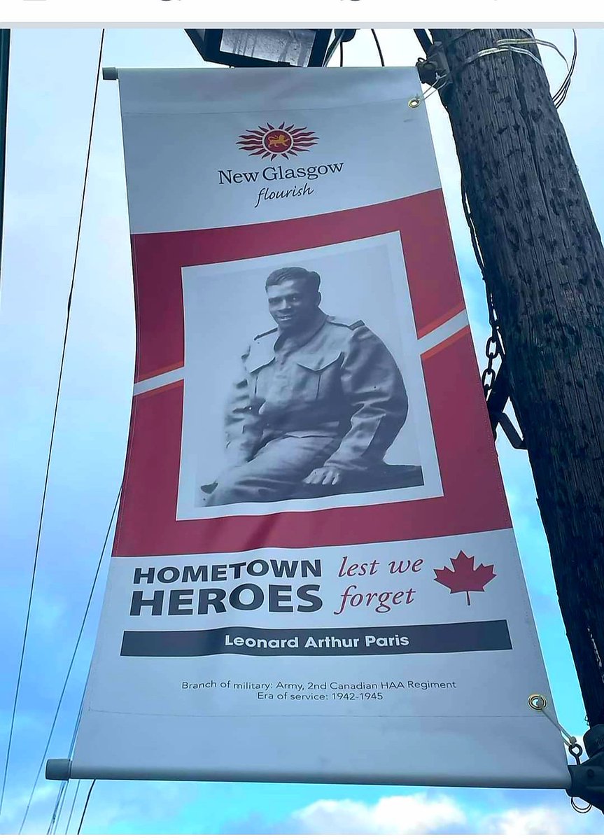 LenParis1's tweet photo. The Town of New Glasgow, Nova Scotia, put up 20 "Home Town Heroes" banners to honour local military veterans. My dad - Leonard Arthur Paris - served during WWII. #LestWeForget #newglasgow #NovaScotia #Canada 
https://t.co/HDncYu8VED https://t.co/NkgdK6tRU2