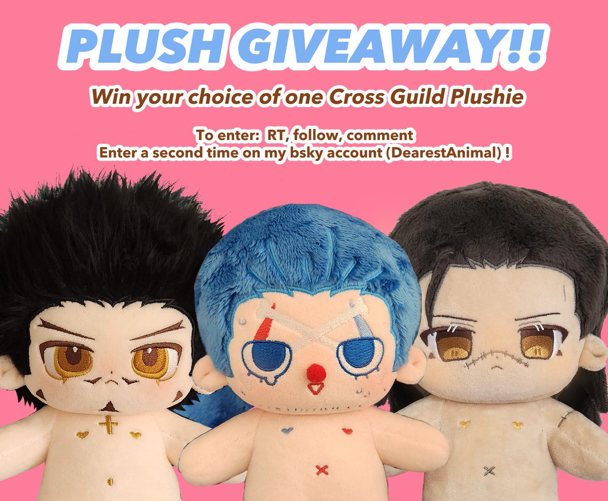 💙CROSS GUILD PLUSH GIVEAWAY❤️

🤡 Follow + RT 
🎪 Comment your favorite CG member 
🦋 Enter on the sky app (@ dearestanimal) to increase your chances! 

🎈Ends November 1st