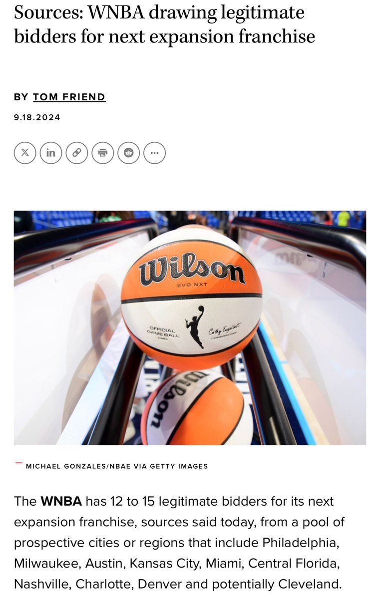 ItsMeghanLHall's tweet photo. Per @SBJ, here are cities/regions interested in a WNBA team:

Miami
Austin
Denver
Nashville
Charlotte 
Cleveland
Milwaukee
Kansas City
Philadelphia
Central Florida

While a few names were known, some are newer like Miami, Cleveland, Milwaukee, Kansas City &amp; Central FL. https://t.co/9c23wdp1BT
