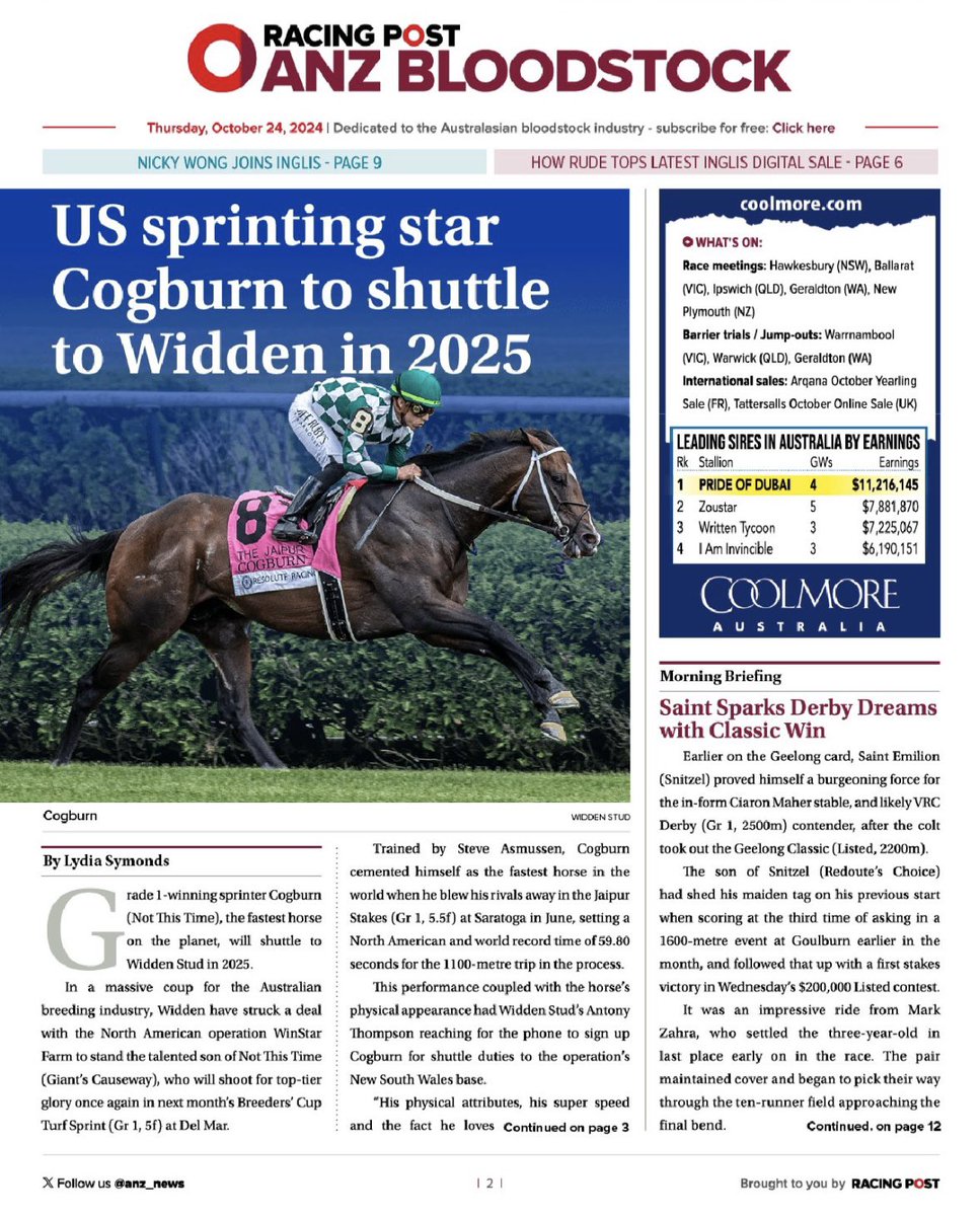 The first COGBURN Share <a href="/WinStarFarm/">WinStar Farm</a> (1/40) for sale since his syndication next Wednesday in the <a href="/keeneland/">Keeneland</a> Championship Sale (Paddock <a href="/DelMarRacing/">Del Mar Racetrack</a>). Share includes ALL breeding income. Just announced a Southern Hemisphere deal with historic <a href="/widdenstud/">Widden</a>. He will be given a dual