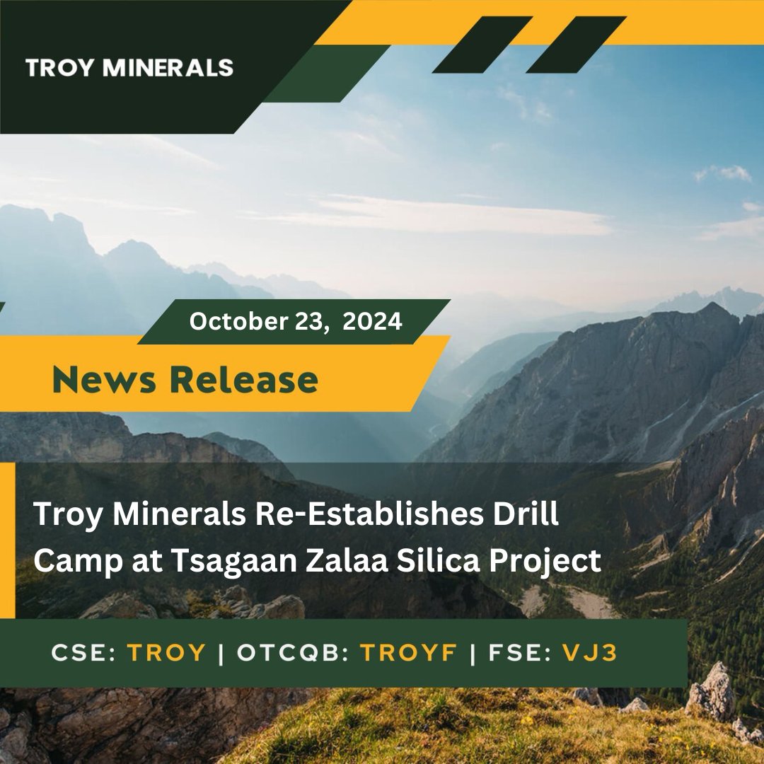 troy_minerals's tweet photo. PRESS RELEASE | @Troy_Minerals announces the re-establishment of its drill camp at the Tsagaan Zalaa Silica Project in Mongolia.

➡️ https://t.co/sRFlUKxTCP

$TROY $TROYF #RareEarths #CriticalMinerals #Silica #Mining #Mongolia https://t.co/FjLacBxlgR